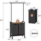 Chariot de tri de linge avec tringle de suspension et étagère de rangement, panier à linge roulant avec roues verrouillables, organisateur de panier à linge pour buanderie
