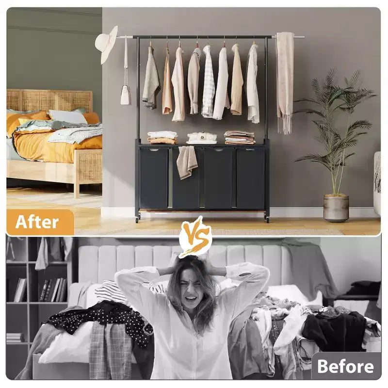 Chariot de tri de linge avec tringle de suspension et étagère de rangement, panier à linge roulant avec roues verrouillables, organisateur de panier à linge pour buanderie