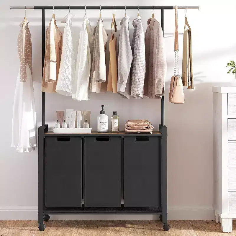 Chariot de tri de linge avec tringle de suspension et étagère de rangement, panier à linge roulant avec roues verrouillables, organisateur de panier à linge pour buanderie