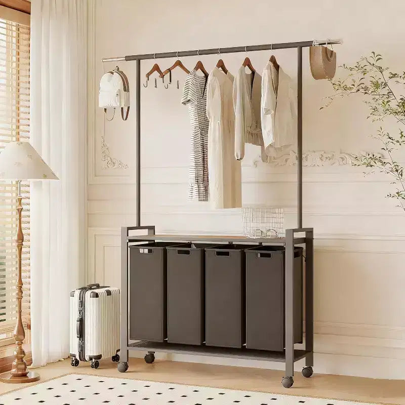 Chariot de tri de linge avec tringle de suspension et étagère de rangement, panier à linge roulant avec roues verrouillables, organisateur de panier à linge pour buanderie