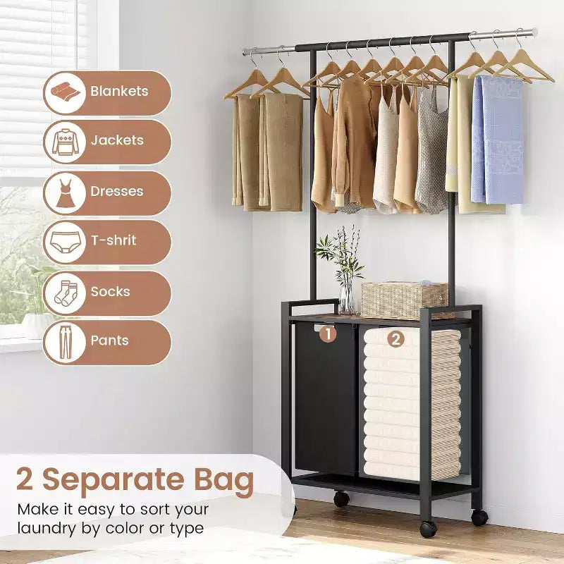 Chariot de tri de linge avec tringle de suspension et étagère de rangement, panier à linge roulant avec roues verrouillables, organisateur de panier à linge pour buanderie