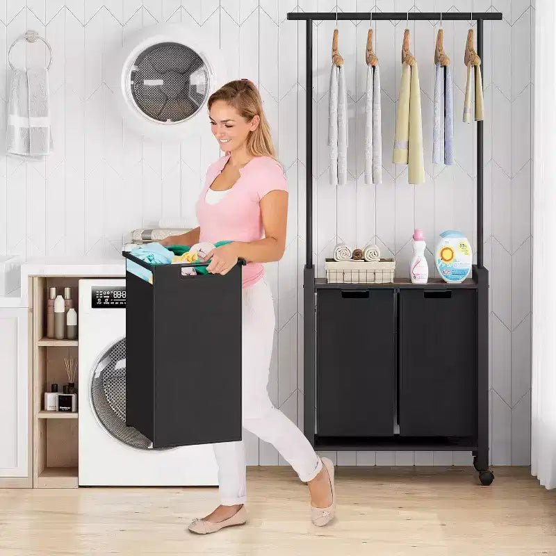 Chariot de tri de linge avec tringle de suspension et étagère de rangement, panier à linge roulant avec roues verrouillables, organisateur de panier à linge pour buanderie