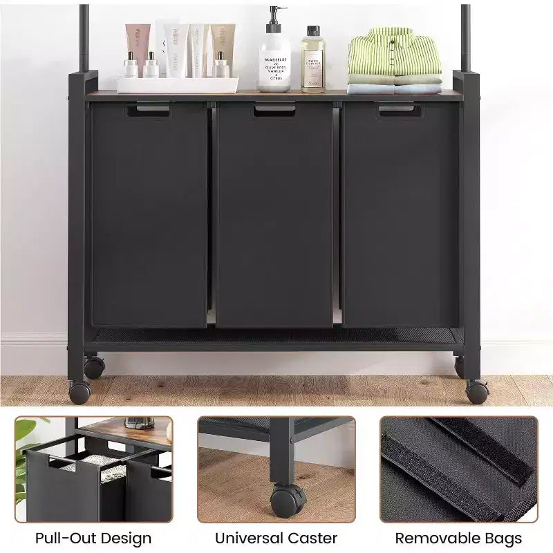 Chariot de tri de linge avec tringle de suspension et étagère de rangement, panier à linge roulant avec roues verrouillables, organisateur de panier à linge pour buanderie
