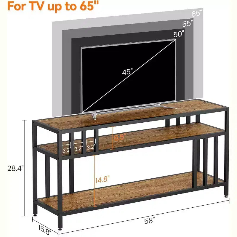 Meuble TV 58/65" pour TV jusqu'à 65/75", meuble de divertissement rustique avec étagères ouvertes à 3 niveaux, console multimédia