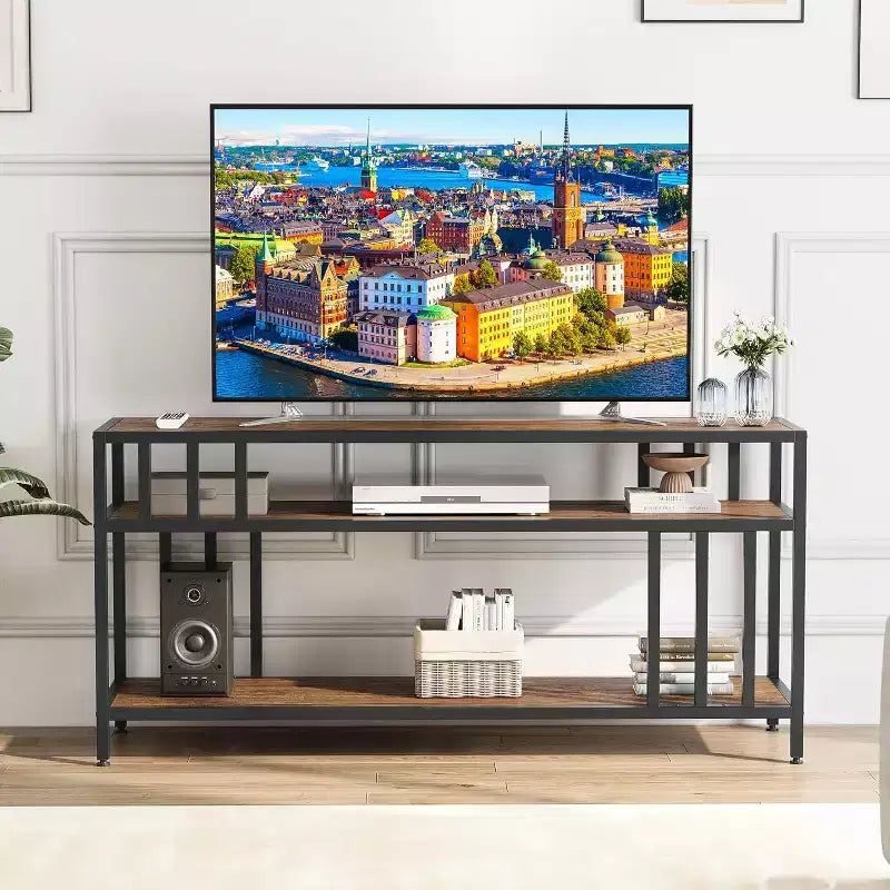 Meuble TV 58/65" pour TV jusqu'à 65/75", meuble de divertissement rustique avec étagères ouvertes à 3 niveaux, console multimédia