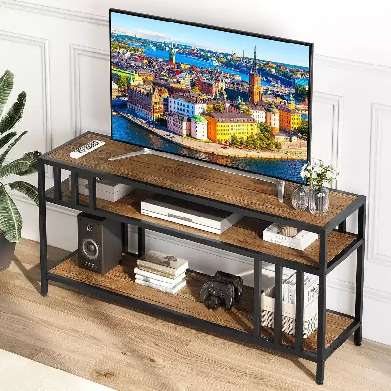 Meuble TV 58/65" pour TV jusqu'à 65/75", meuble de divertissement rustique avec étagères ouvertes à 3 niveaux, console multimédia