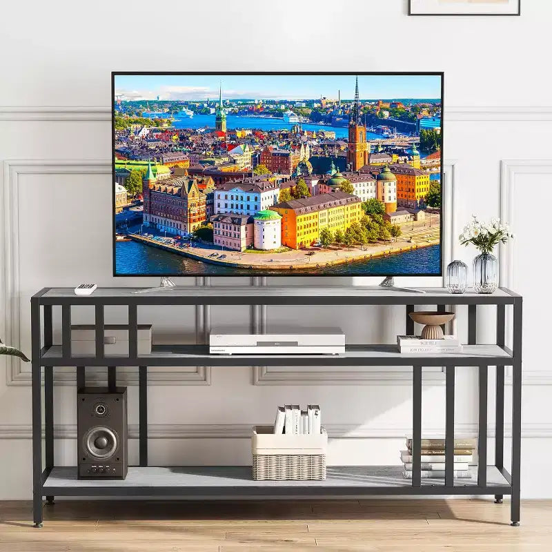 Meuble TV 58/65" pour TV jusqu'à 65/75", meuble de divertissement rustique avec étagères ouvertes à 3 niveaux, console multimédia