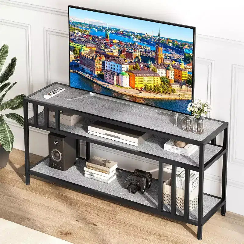 Meuble TV 58/65" pour TV jusqu'à 65/75", meuble de divertissement rustique avec étagères ouvertes à 3 niveaux, console multimédia