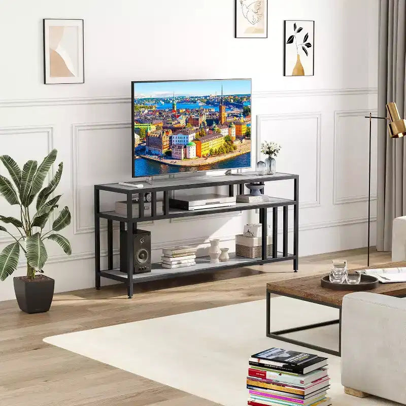 Meuble TV 58/65" pour TV jusqu'à 65/75", meuble de divertissement rustique avec étagères ouvertes à 3 niveaux, console multimédia