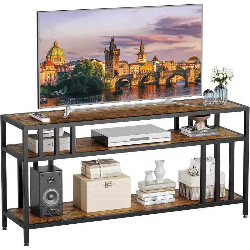 Meuble TV 58/65" pour TV jusqu'à 65/75", meuble de divertissement rustique avec étagères ouvertes à 3 niveaux, console multimédia