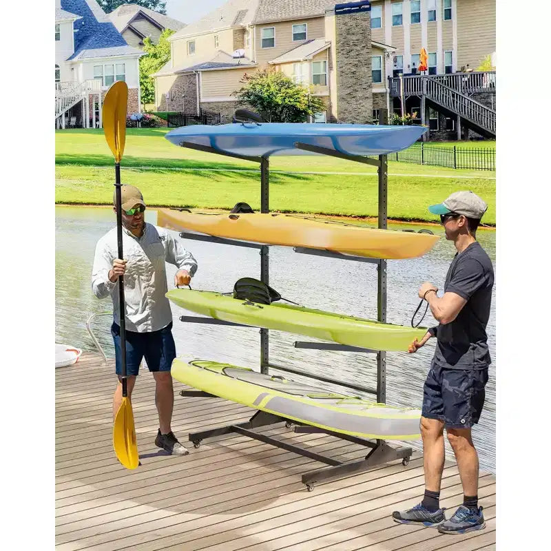 Support de rangement autoportant pour 2 à 6 kayaks avec roues mobiles, support de kayak en acier robuste avec sangles pour rangement extérieur