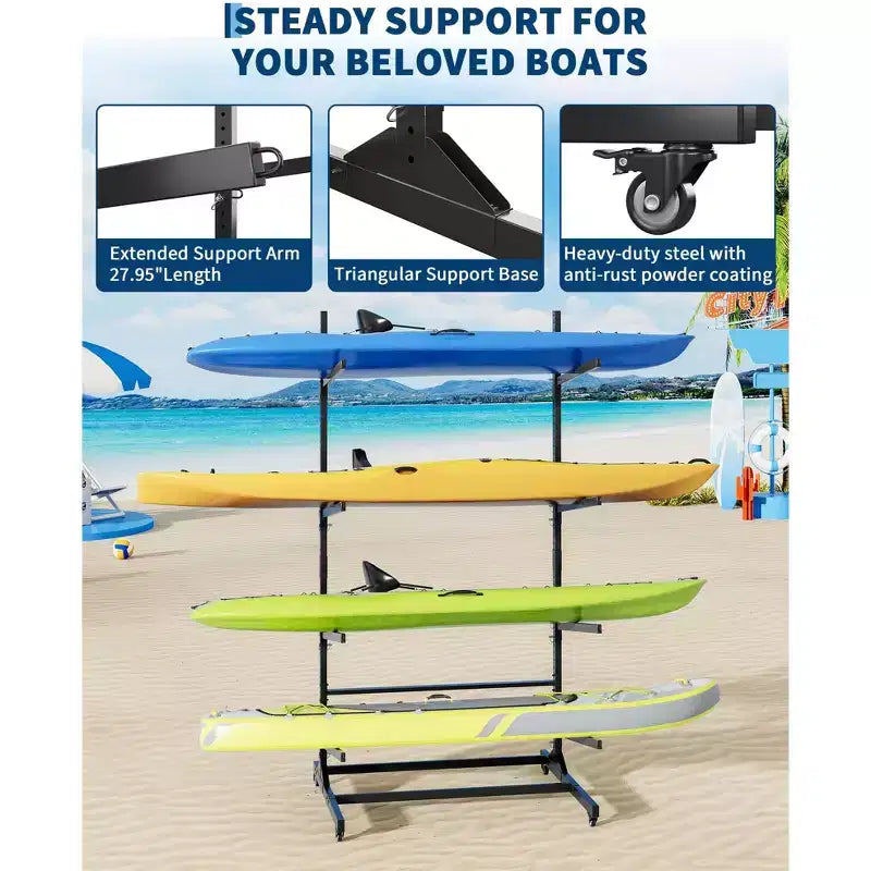 Support de rangement autoportant pour 2 à 6 kayaks avec roues mobiles, support de kayak en acier robuste avec sangles pour rangement extérieur