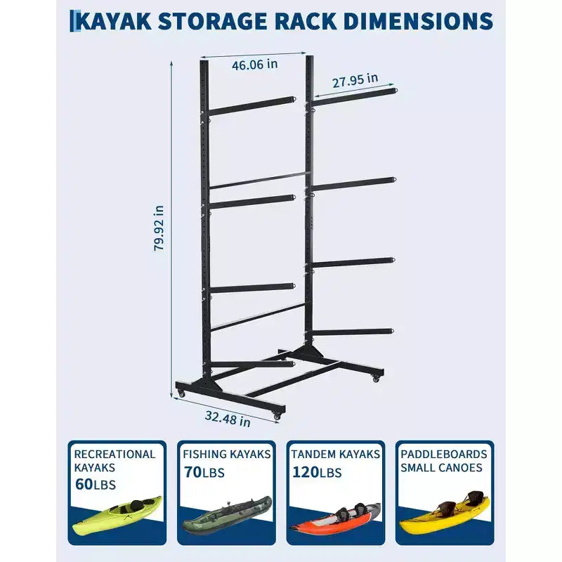 Support de rangement autoportant pour 2 à 6 kayaks avec roues mobiles, support de kayak en acier robuste avec sangles pour rangement extérieur