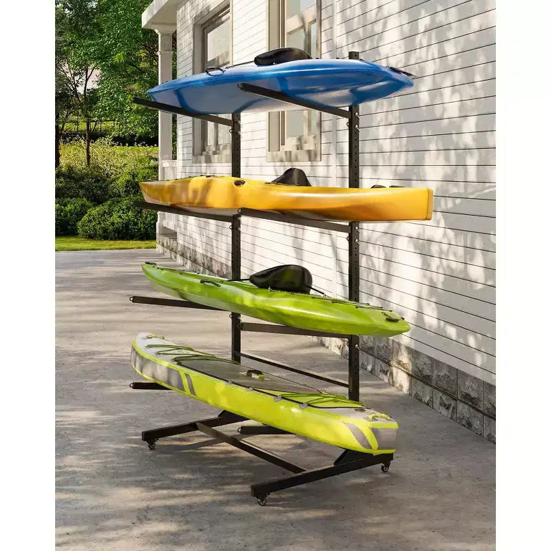 Support de rangement autoportant pour 2 à 6 kayaks avec roues mobiles, support de kayak en acier robuste avec sangles pour rangement extérieur