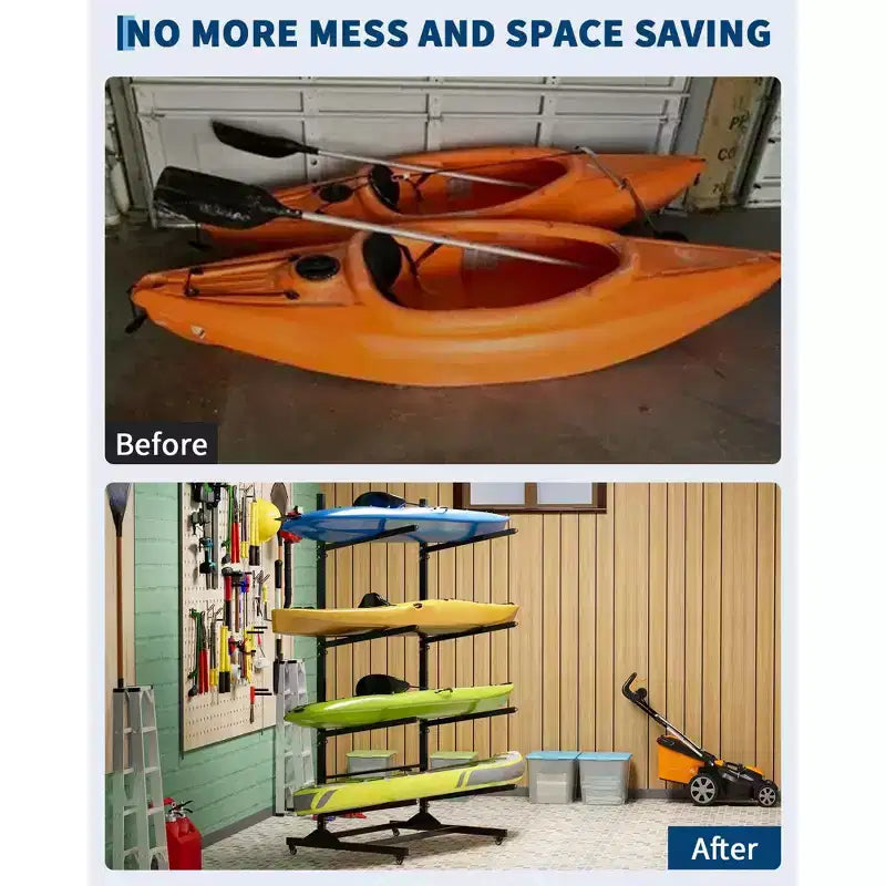 Support de rangement autoportant pour 2 à 6 kayaks avec roues mobiles, support de kayak en acier robuste avec sangles pour rangement extérieur