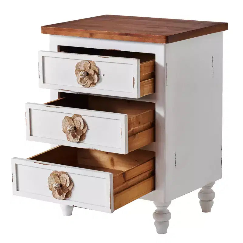 Table de Chevet ModernLuxe avec 3 Tiroirs et Poignées Florales, Table d'Appoint de Style Ferme Vintage pour Chevet ou Canapé