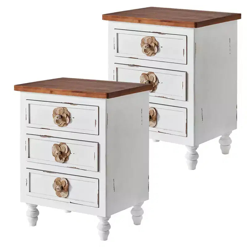 Table de Chevet ModernLuxe avec 3 Tiroirs et Poignées Florales, Table d'Appoint de Style Ferme Vintage pour Chevet ou Canapé