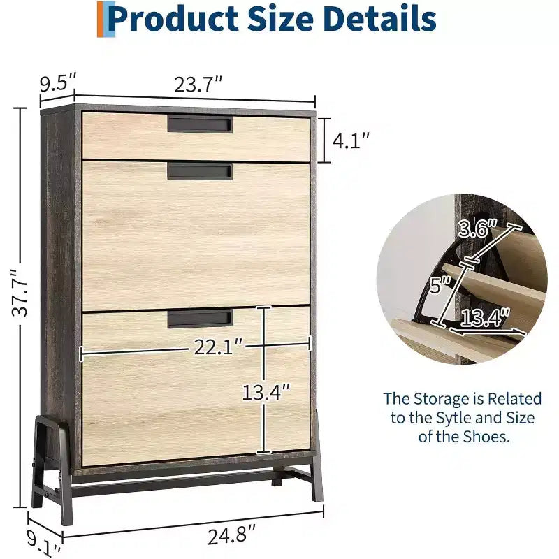 Meuble de rangement pour chaussures avec 2 tiroirs basculants et 1 tiroir, meuble à chaussures étroit à 3 niveaux avec étagères réglables pour entrée, vintage