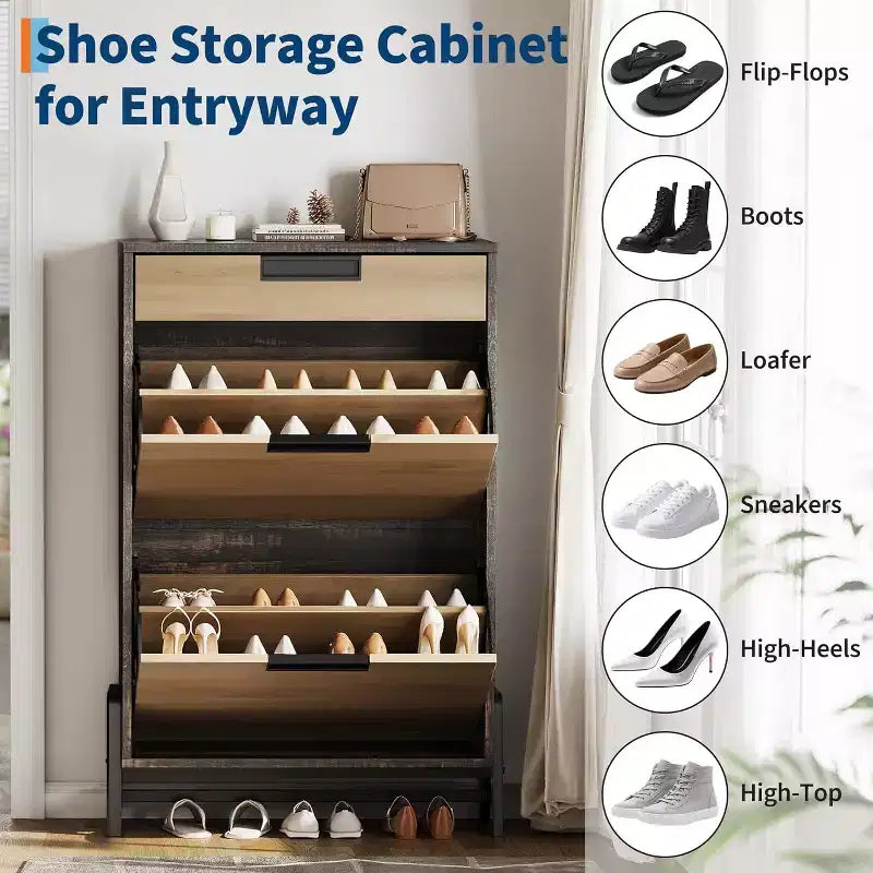 Meuble de rangement pour chaussures avec 2 tiroirs basculants et 1 tiroir, meuble à chaussures étroit à 3 niveaux avec étagères réglables pour entrée, vintage