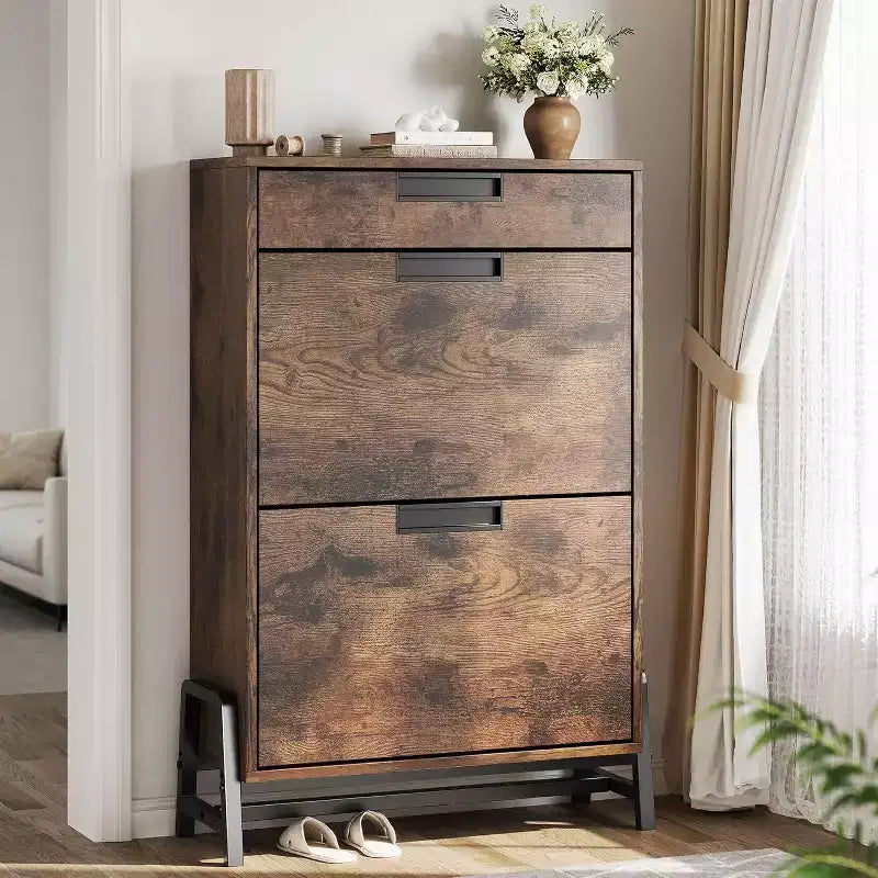 Meuble de rangement pour chaussures avec 2 tiroirs basculants et 1 tiroir, meuble à chaussures étroit à 3 niveaux avec étagères réglables pour entrée, vintage