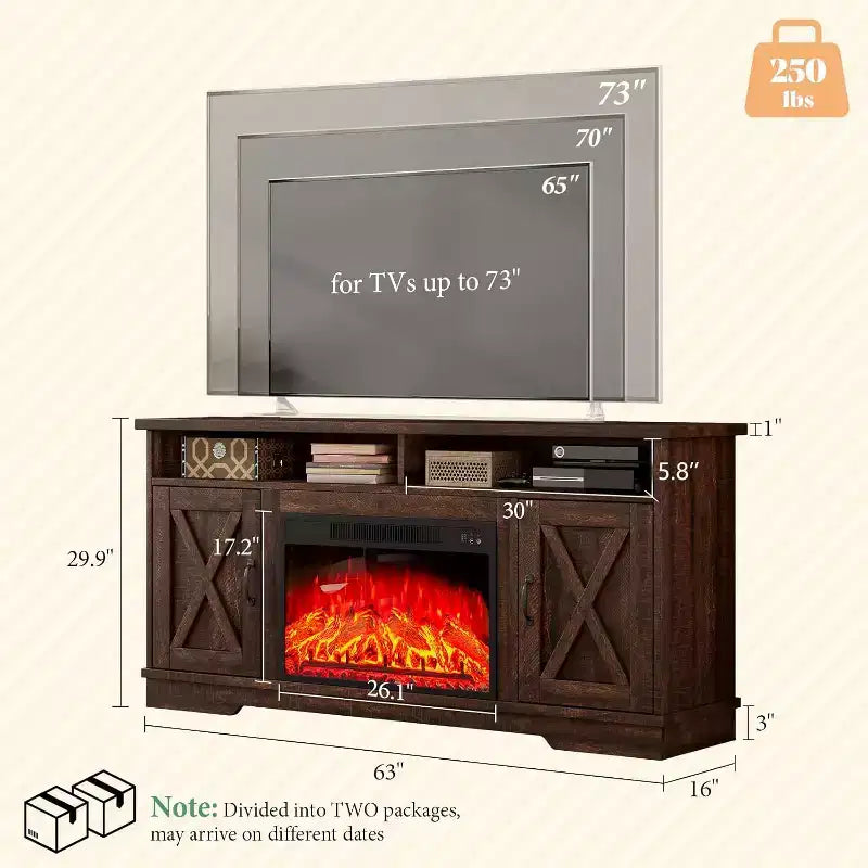 Meuble TV de ferme AMERLIFE 63 avec cheminée de 26 po, pour téléviseurs jusqu'à 73 po, pour le salon