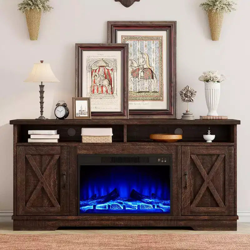Meuble TV de ferme AMERLIFE 63 avec cheminée de 26 po, pour téléviseurs jusqu'à 73 po, pour le salon