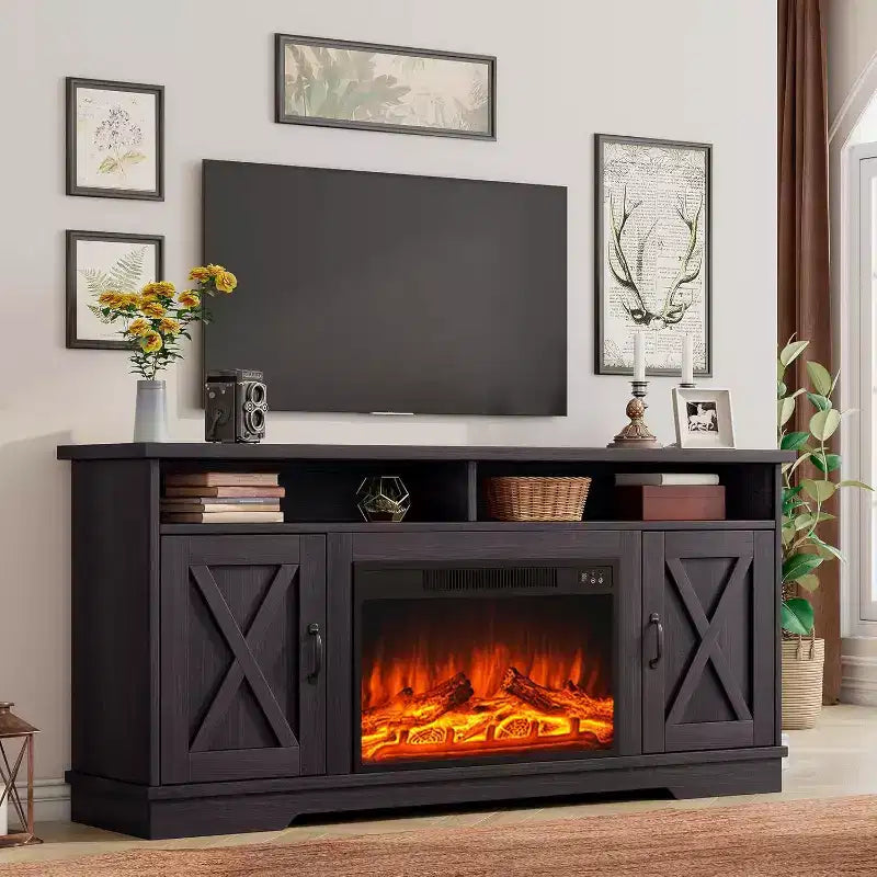 Meuble TV de ferme AMERLIFE 63 avec cheminée de 26 po, pour téléviseurs jusqu'à 73 po, pour le salon