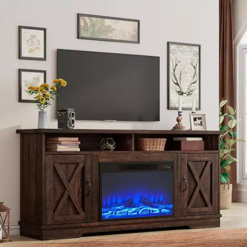 Meuble TV de ferme AMERLIFE 63 avec cheminée de 26 po, pour téléviseurs jusqu'à 73 po, pour le salon