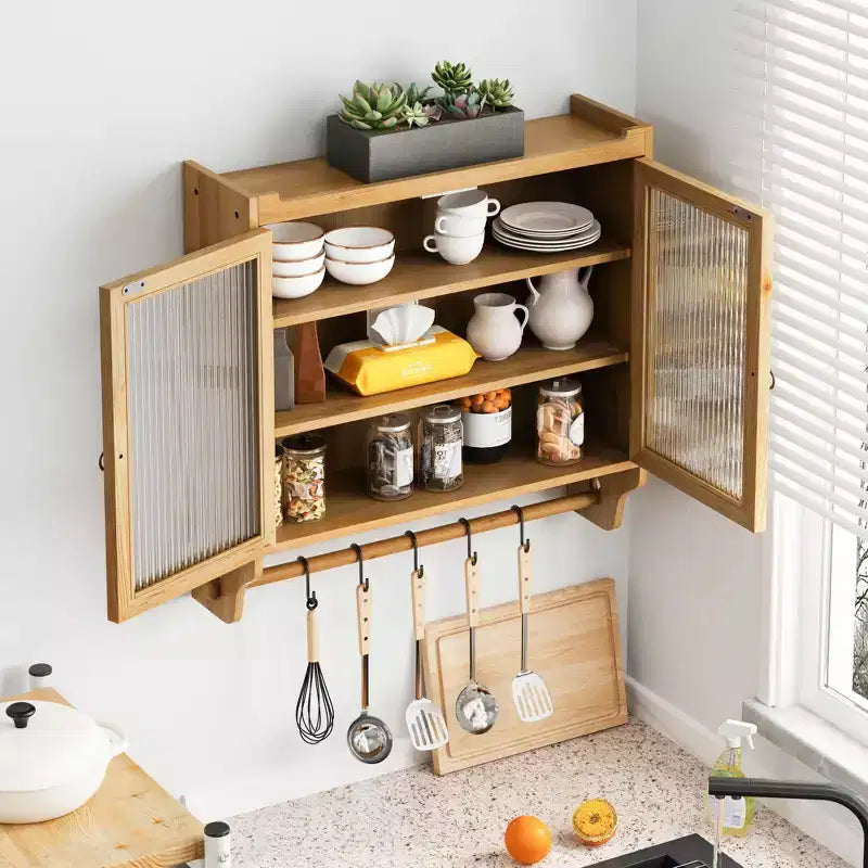Meuble mural Okak, meuble de rangement avec 2 portes vitrées et 3 étagères, meubles d'appoint pour la cuisine, la salle à manger