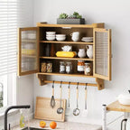 Meuble mural Okak, meuble de rangement avec 2 portes vitrées et 3 étagères, meubles d'appoint pour la cuisine, la salle à manger