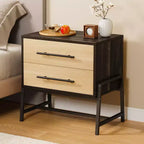 GustoWave Nightstand with Drawers,23.6 Wide Bedside Table with Storage, Light Wood Side Table with Metal Legs, Dark Brown Night Stand