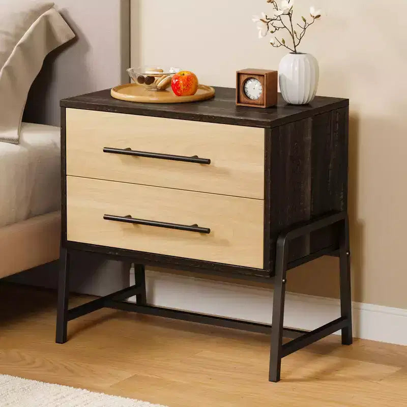 GustoWave Nightstand with Drawers,23.6 Wide Bedside Table with Storage, Light Wood Side Table with Metal Legs, Dark Brown Night Stand