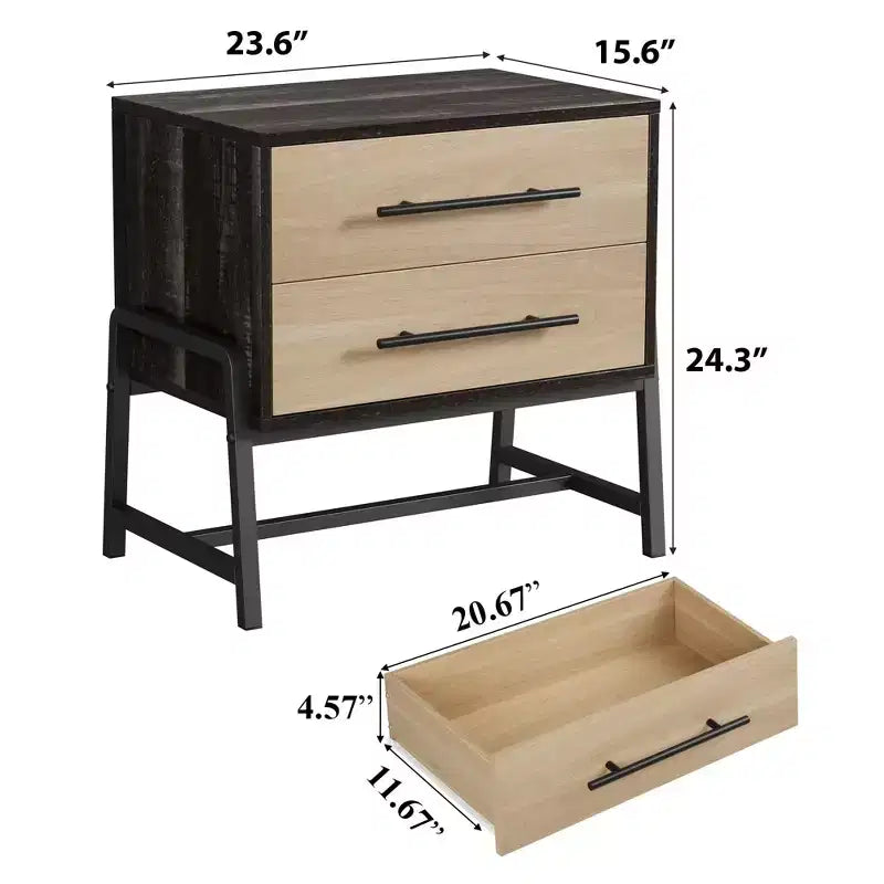 Table de chevet GustoWave avec tiroirs, table de chevet de 60 cm de large avec rangement, table d'appoint en bois clair avec pieds en métal, table de chevet marron foncé