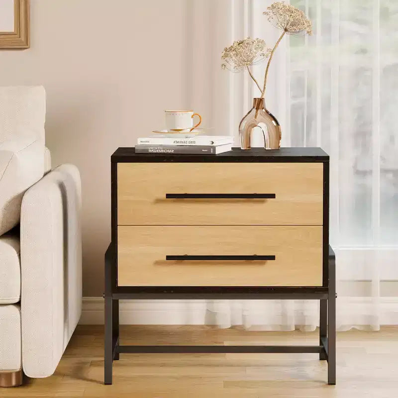 Table de chevet GustoWave avec tiroirs, table de chevet de 60 cm de large avec rangement, table d'appoint en bois clair avec pieds en métal, table de chevet marron foncé