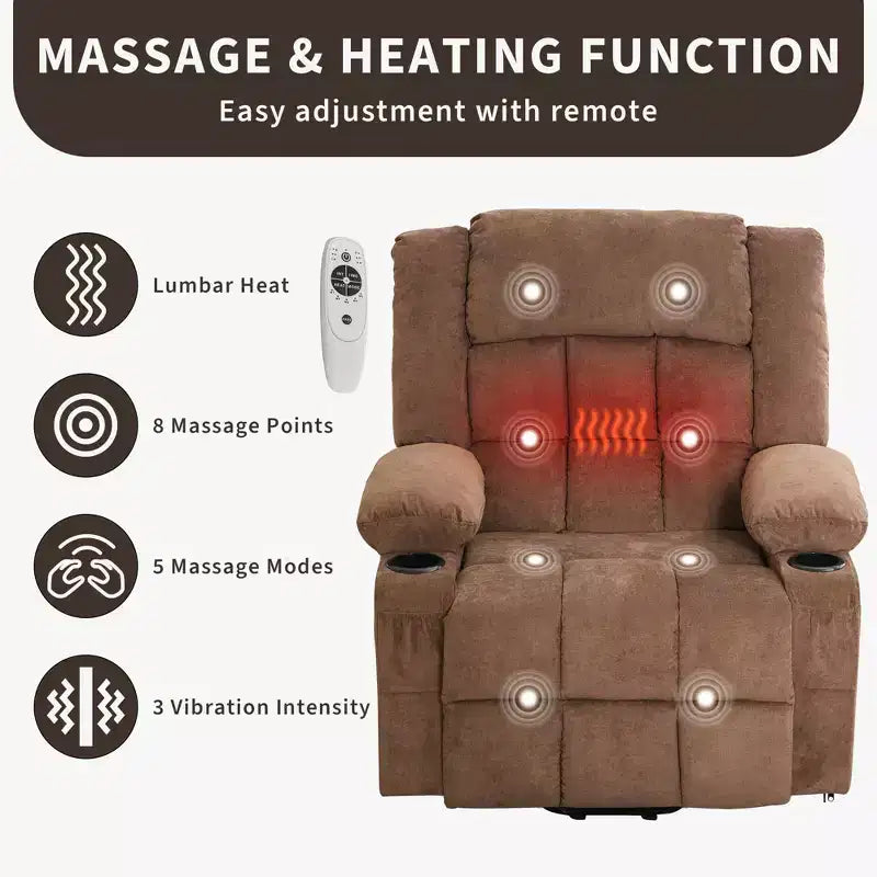Grand fauteuil inclinable électrique GustoWave pour adulte avec chauffage et massage, fauteuil inclinable en tissu surdimensionné pour salon avec position infinie