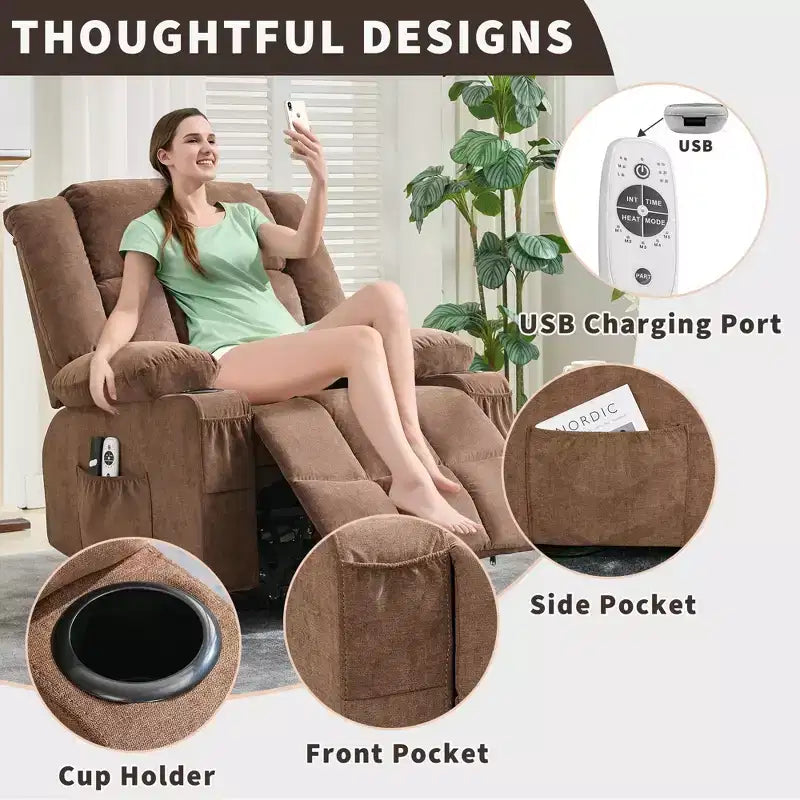 Grand fauteuil inclinable électrique GustoWave pour adulte avec chauffage et massage, fauteuil inclinable en tissu surdimensionné pour salon avec position infinie