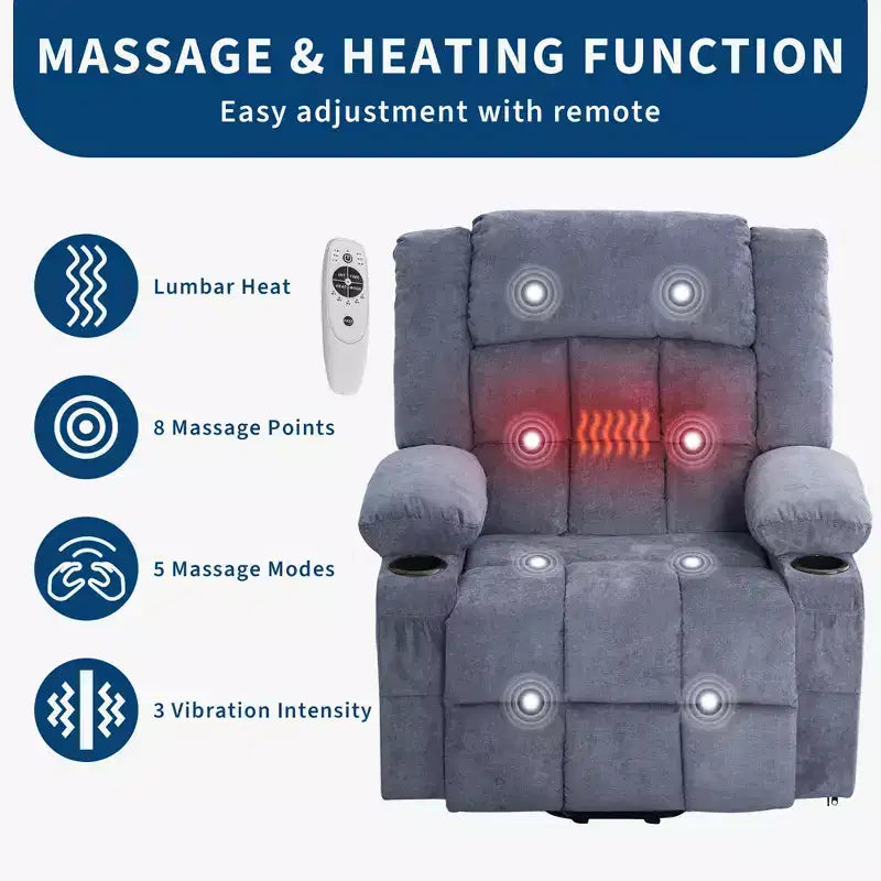 Grand fauteuil inclinable électrique GustoWave pour adulte avec chauffage et massage, fauteuil inclinable en tissu surdimensionné pour salon avec position infinie
