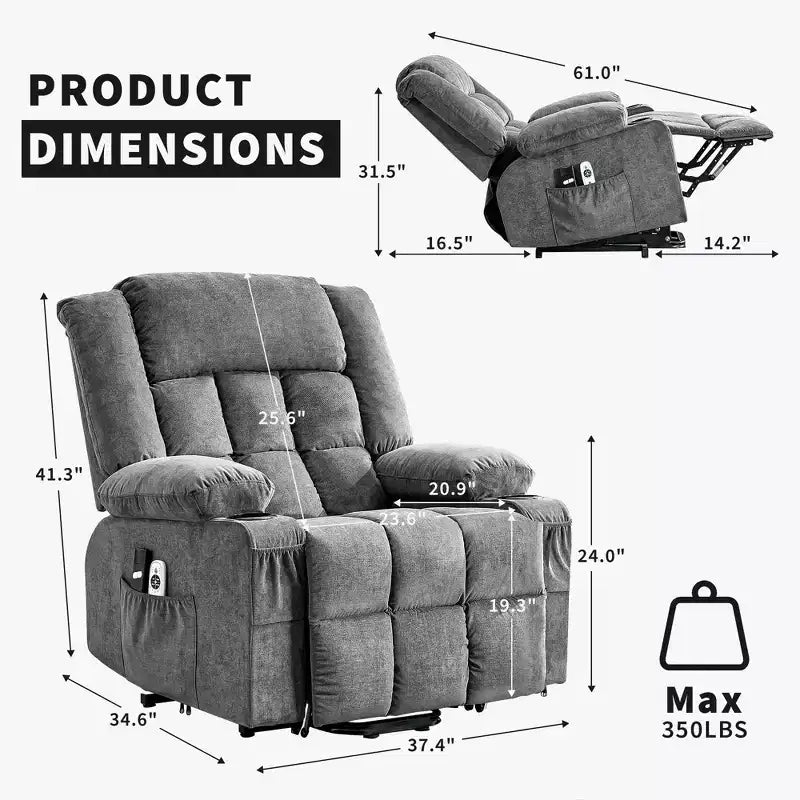 Grand fauteuil inclinable électrique GustoWave pour adulte avec chauffage et massage, fauteuil inclinable en tissu surdimensionné pour salon avec position infinie