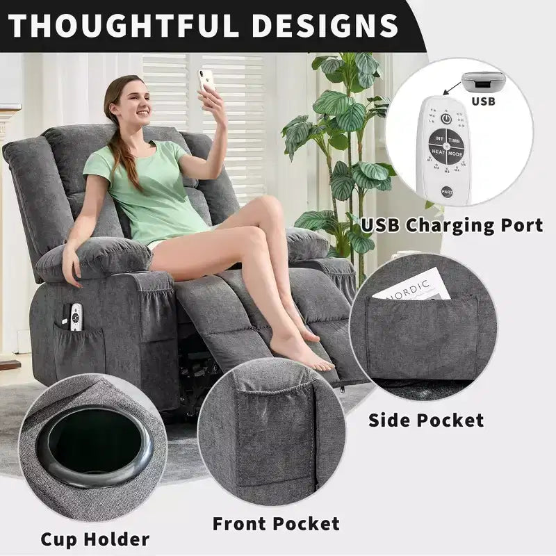 Grand fauteuil inclinable électrique GustoWave pour adulte avec chauffage et massage, fauteuil inclinable en tissu surdimensionné pour salon avec position infinie
