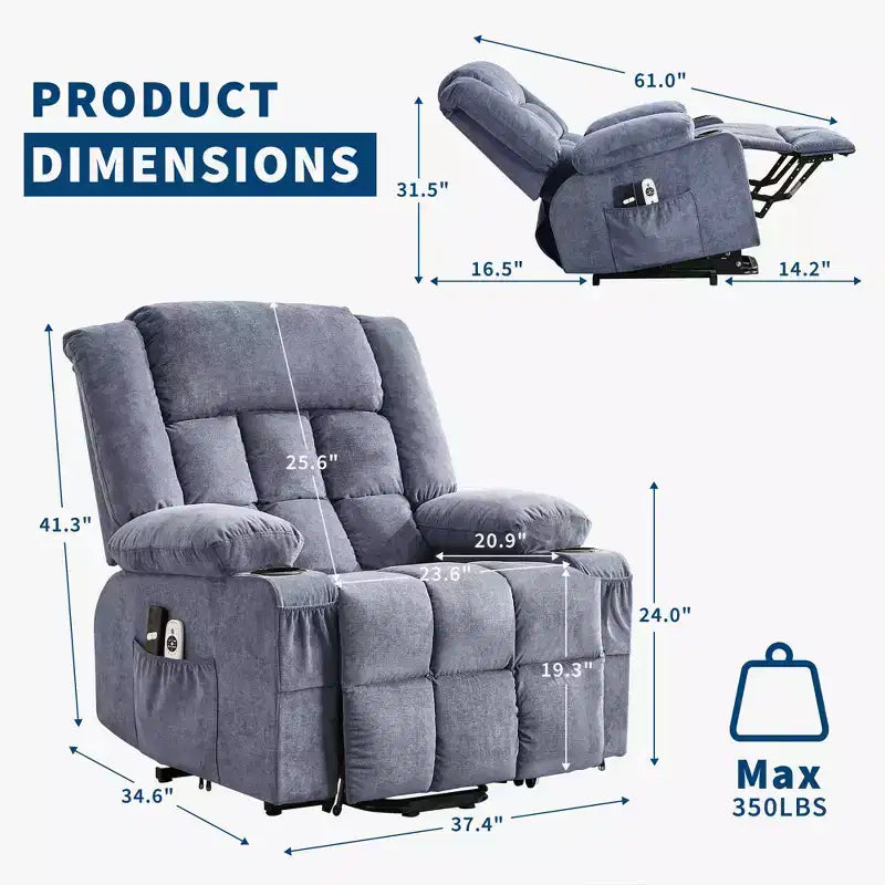 Grand fauteuil inclinable électrique GustoWave pour adulte avec chauffage et massage, fauteuil inclinable en tissu surdimensionné pour salon avec position infinie