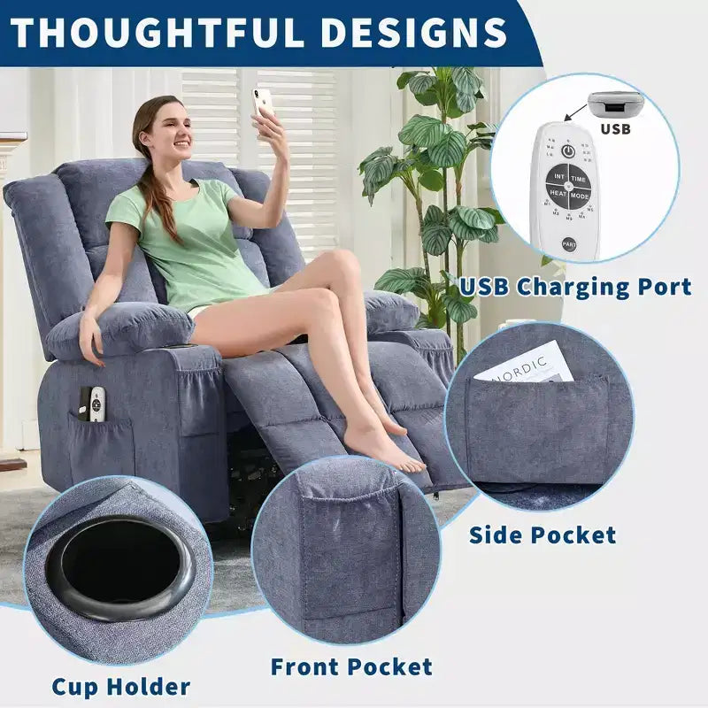 Grand fauteuil inclinable électrique GustoWave pour adulte avec chauffage et massage, fauteuil inclinable en tissu surdimensionné pour salon avec position infinie