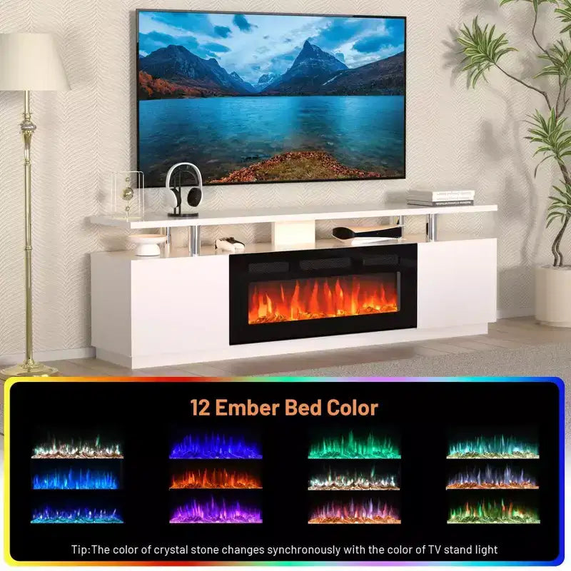 Meuble TV moderne avec foyer à double commande, 12 couleurs de flamme, lit de braises, grand espace de rangement, gestion des câbles, console multimédia de 70 pouces pour salon, blanc
