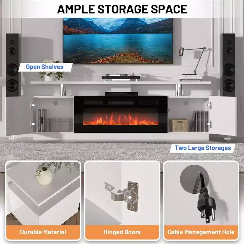 Meuble TV moderne avec foyer à double commande, 12 couleurs de flamme, lit de braises, grand espace de rangement, gestion des câbles, console multimédia de 70 pouces pour salon, blanc