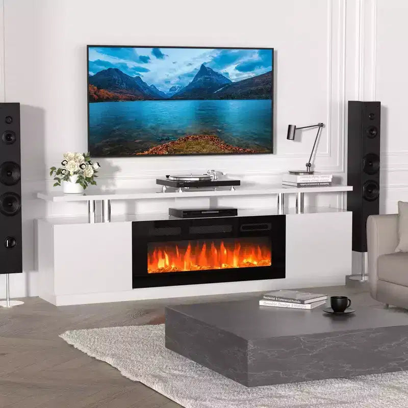 Meuble TV moderne avec foyer à double commande, 12 couleurs de flamme, lit de braises, grand espace de rangement, gestion des câbles, console multimédia de 70 pouces pour salon, blanc