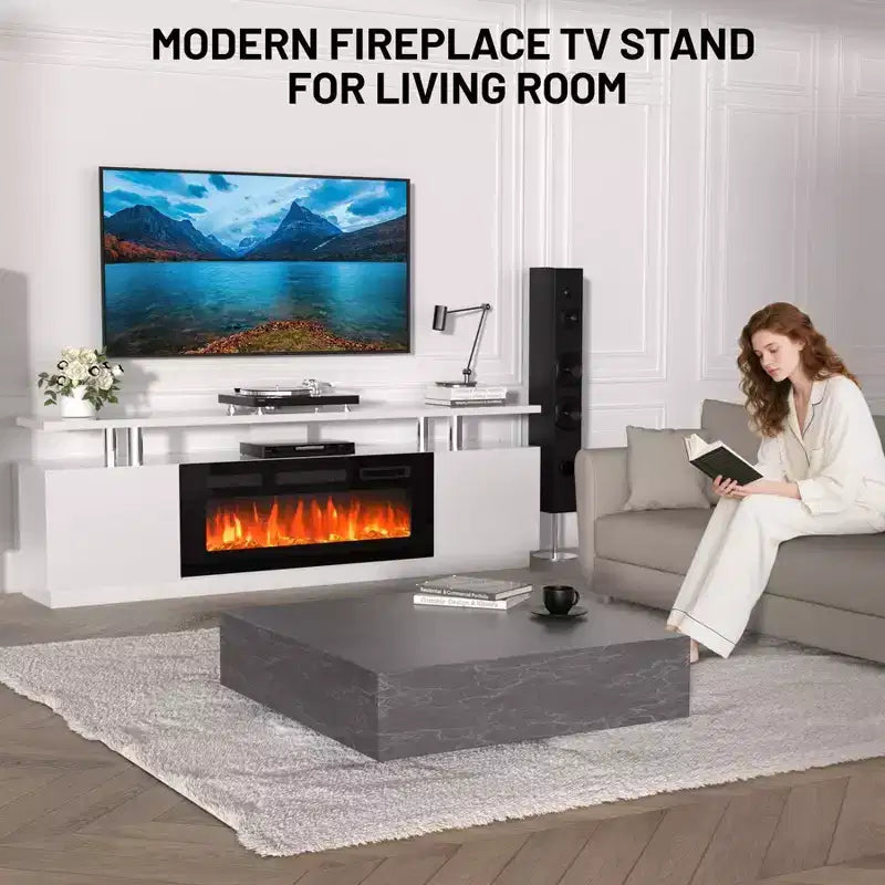 Meuble TV moderne avec foyer à double commande, 12 couleurs de flamme, lit de braises, grand espace de rangement, gestion des câbles, console multimédia de 70 pouces pour salon, blanc