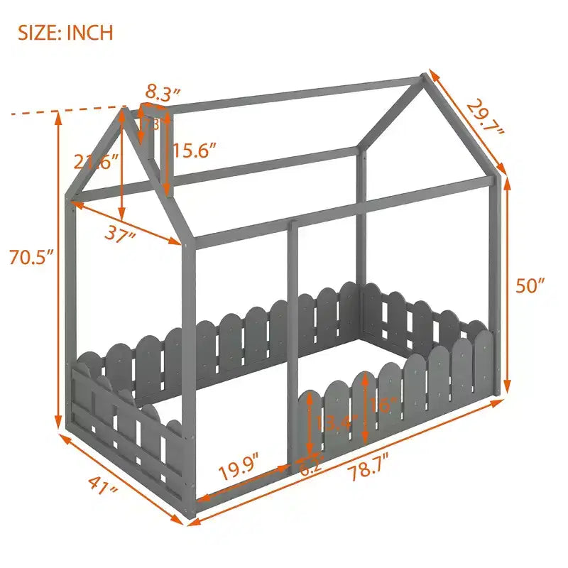 Cadre de lit Montessori jumeau Bellemave pour enfants, lit cabane en bois avec clôture, lit de tout-petit au ras du sol, gris