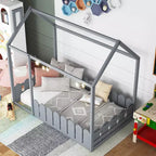 Cadre de lit Montessori jumeau Bellemave pour enfants, lit cabane en bois avec clôture, lit de tout-petit au ras du sol, gris