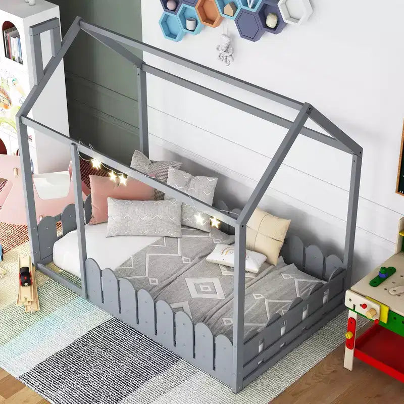 Cadre de lit Montessori jumeau Bellemave pour enfants, lit cabane en bois avec clôture, lit de tout-petit au ras du sol, gris
