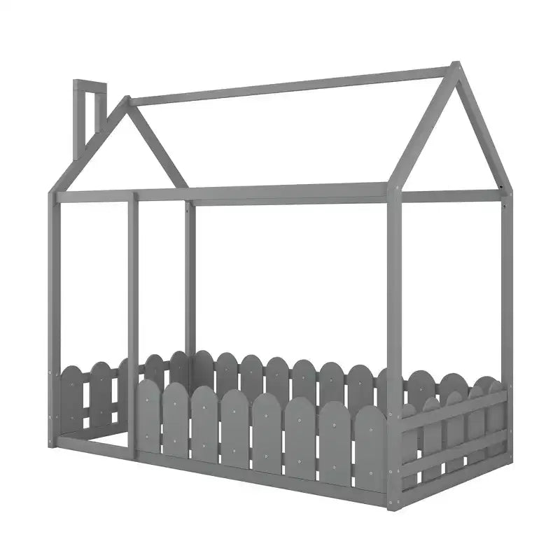 Cadre de lit Montessori jumeau Bellemave pour enfants, lit cabane en bois avec clôture, lit de tout-petit au ras du sol, gris
