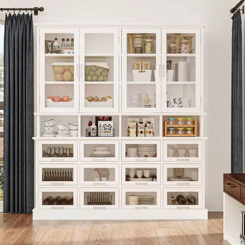 Famapy Multi-Functional Kitchen Cabinet & Pantry,Large - Capacity Food Storage Cabinet with Glass Doors,Easy Organization & Display for Home Kitchen